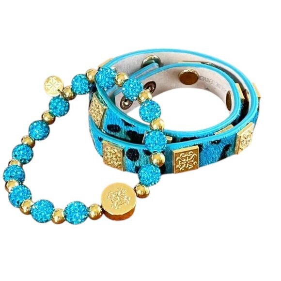 Set of Two Ocean Blue Rhinestone and Wrap Calfskin Animal Print Rustic Cuff - Picture 1 of 3